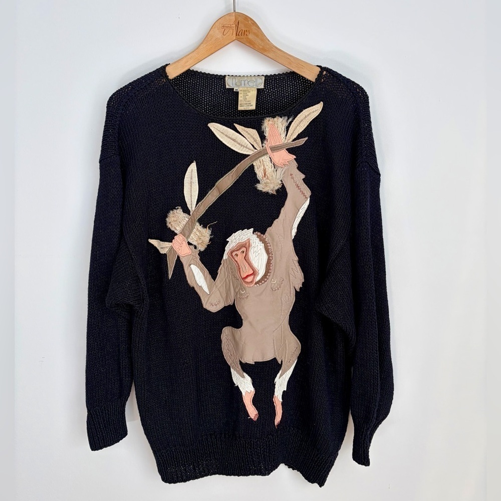 Vintage Nannell Black Hand Knit Monkey Applique Art Sweater M